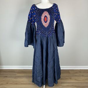 M/L Maxi Dress Peacock Flare Long Artsy Wearable Art Event Denim Jean Women’s